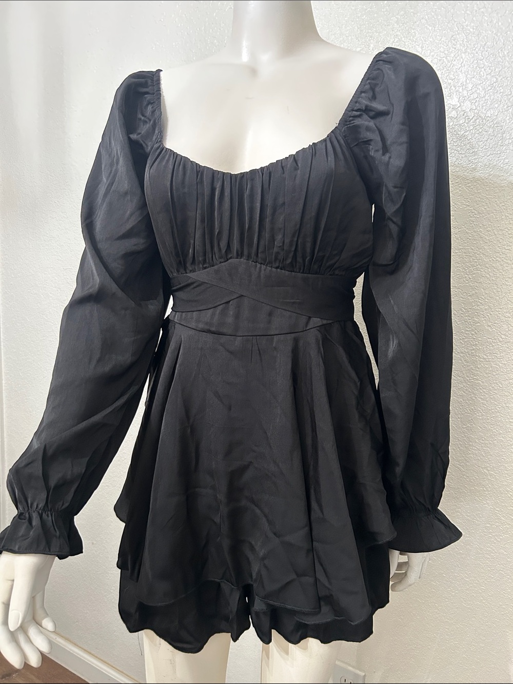 Black Long-Sleeve Empire Waist Mini Romper